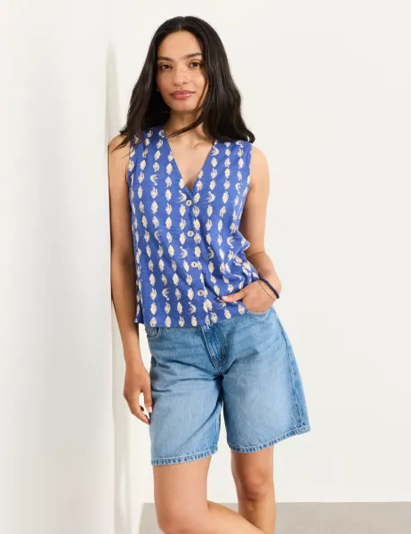 FatFace Cotton Modal Blend Printed V-Neck Blouse Blue Mix