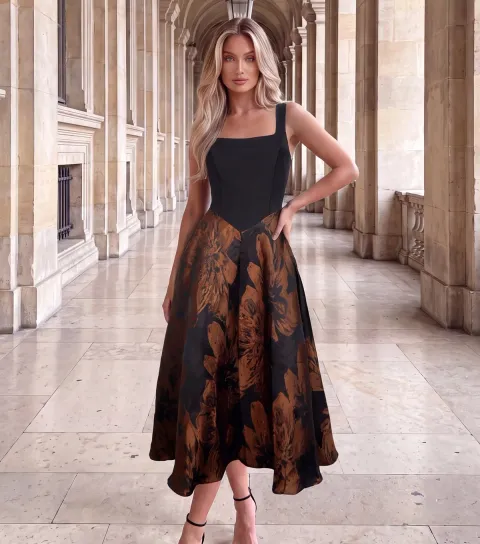 AX Paris Women's Black Floral Jacquard Square Neck Circle Skirt Midi Dress
