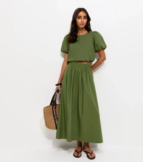 New Look Women's Dark Khaki Cotton Poplin Circle Skirt