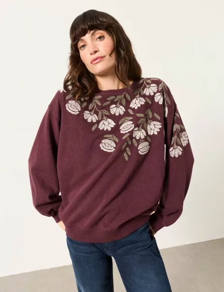 FatFace Pure Cotton Flower Embroidered Sweatshirt Purple Mix