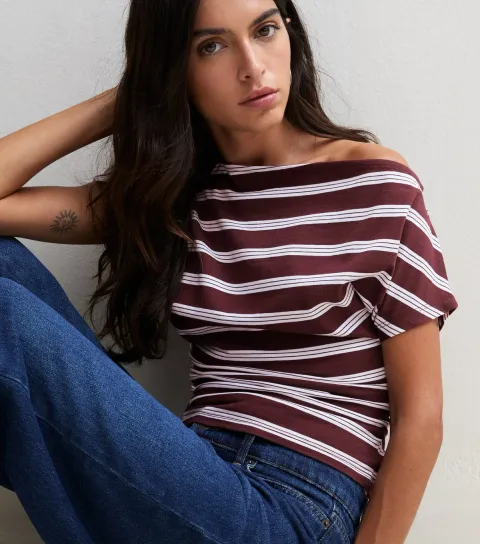 New Look Women's Red Stripe Cotton Rich Off The Shoulder T-Shirt