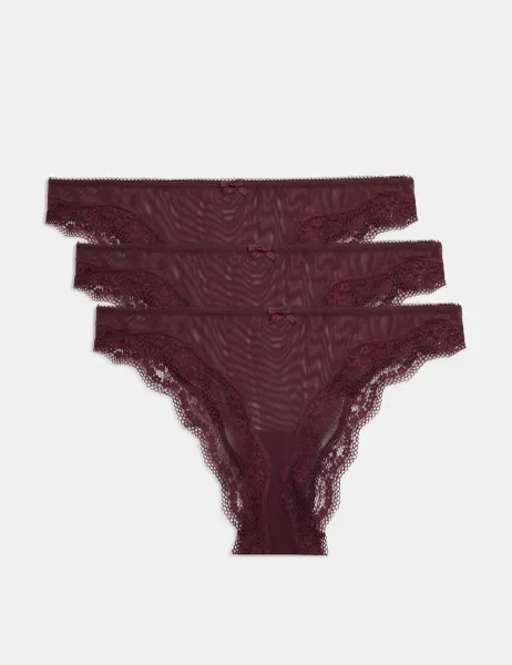 Marks & Spencer 3 Pack Jasmine Mesh Brazilian Knickers Dark Wine