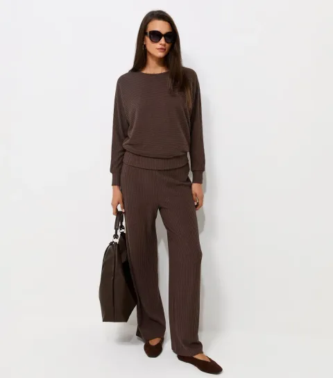 Women's Dark Brown Soft Touch Ribbed Wide Leg Trousers