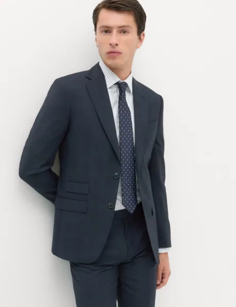 Regular Fit Pure Wool Checked Suit Jacket Navy