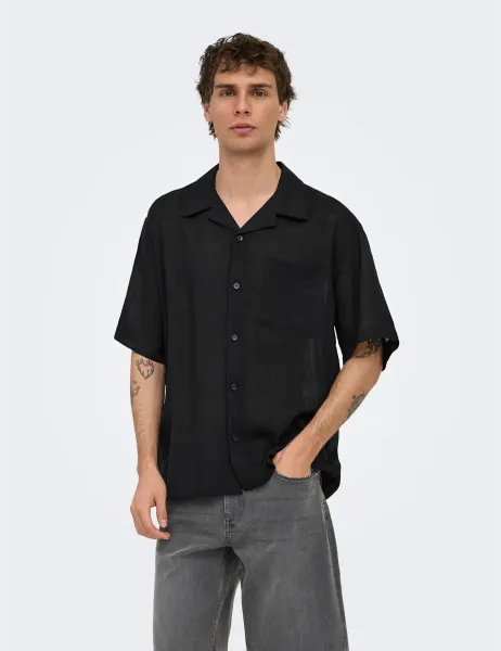 Only & Sons Relaxed Fit Linen Rich Short Sleeve Shirt Black