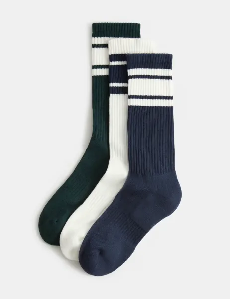 Goodmove 3 Pack Cotton Rich Striped Crew Socks Navy Mix