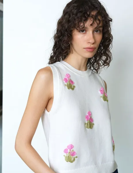 French Connection Cotton Rich Appliqué Knitted Vest Cream Mix