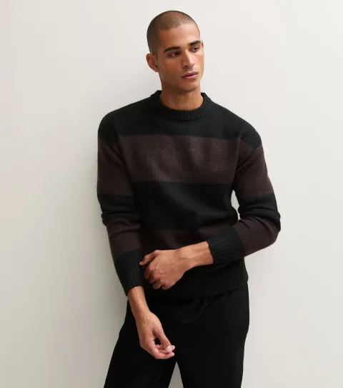 Jack & Jones Men's Black Striped Knitted Crew Neck Jumper