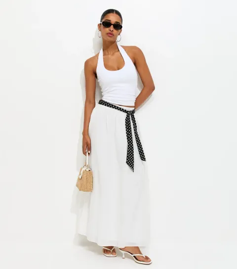 Women's White Crepe Belted Maxi Skirt