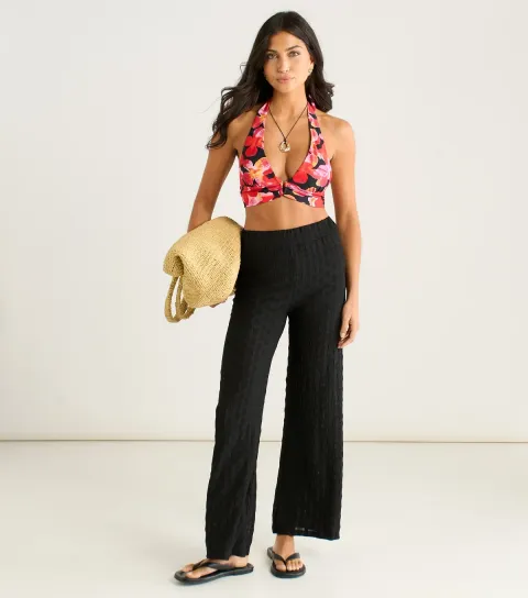 Women's Black Textured Beach Wide Leg Trousers