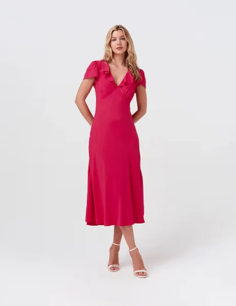 Ghost Crepe Frill V-Neck Midi Tea Dress Hot Pink