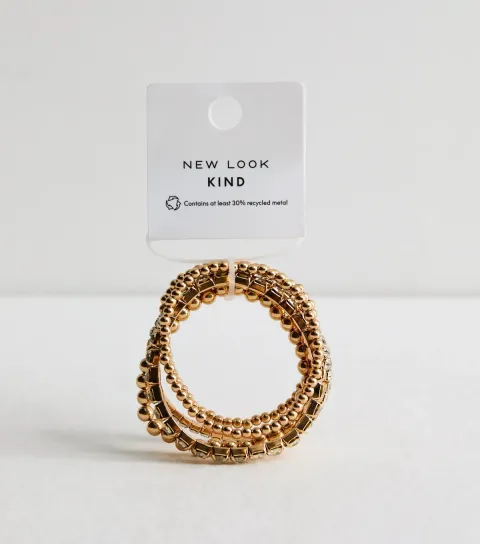 Gold Tone Pack of 5 Diamante and Bead Stretch Bracelets