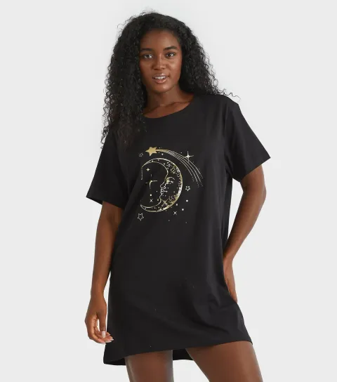 Women's Black Celestial Print Jersey Night Dress