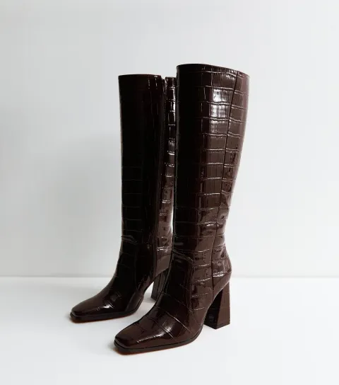 Women's Brown Crocodile Effect Faux Leather Boots Vegan