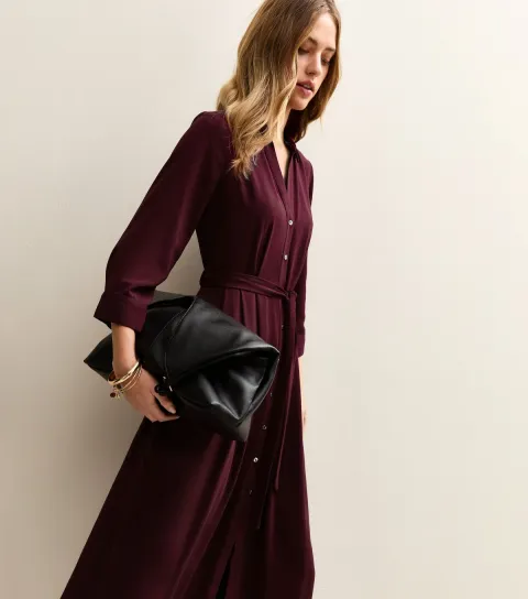 Women's Dark Burgundy Long Sleeve Crepe Midi Shirt Dress