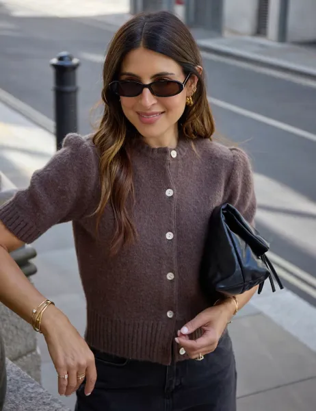 WAT THE BRAND Puff Sleeve Cardigan with Mohair Brown