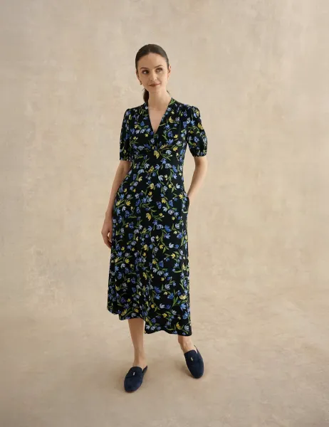 Hobbs Floral V-Neck Midi Tea Dress Navy Mix