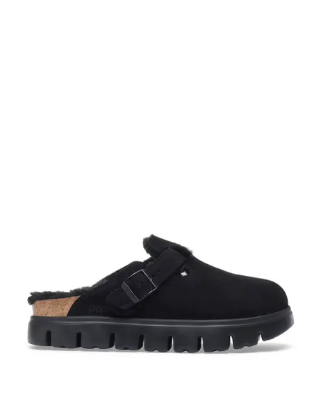 Birkenstock Boston Chunky Suede Shearling Buckle Clogs Black