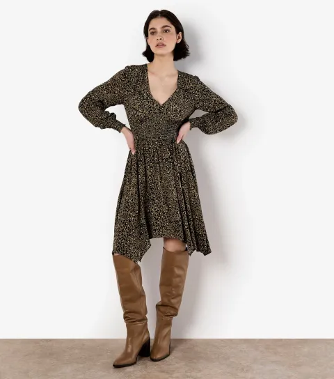 Women's Khaki Leopard Smock Hanky Hem Dress