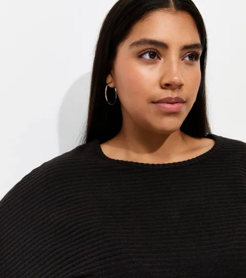 Women's Plus Size Black Soft Touch Ribbed Batwing Top Curves