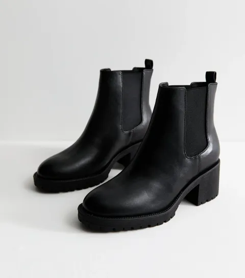 Women's Black Faux Leather Block Heel Chelsea Ankle Boots Vegan