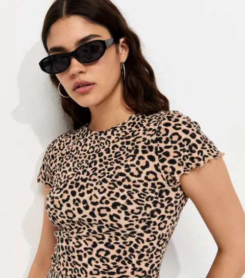 Women's Brown Cotton Rich Leopard Print Babylock Baby Tee T-Shirt
