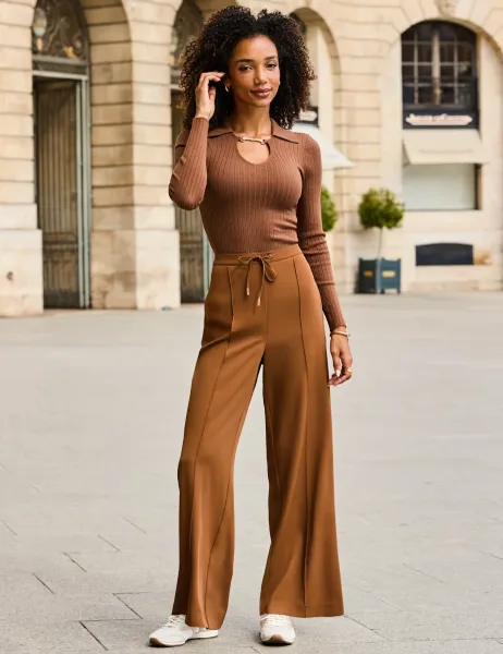 SOSANDAR Drawstring Wide Leg Joggers Tan