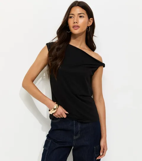 Women's Black Textured Twist Shoulder Top