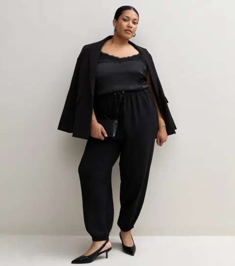New Look Women's Plus Size Black Wide Drawstring Waist Cuffed Trousers Curves