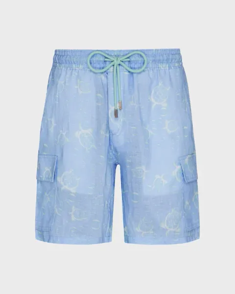 Vilebrequin Men Linen Bermuda Shorts Bubbles Turtles 3d