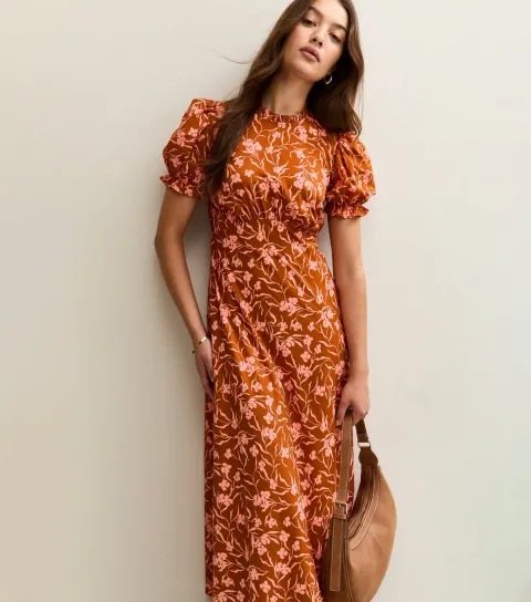 Women's Orange Floral Print Short Sleeve Midi Dress