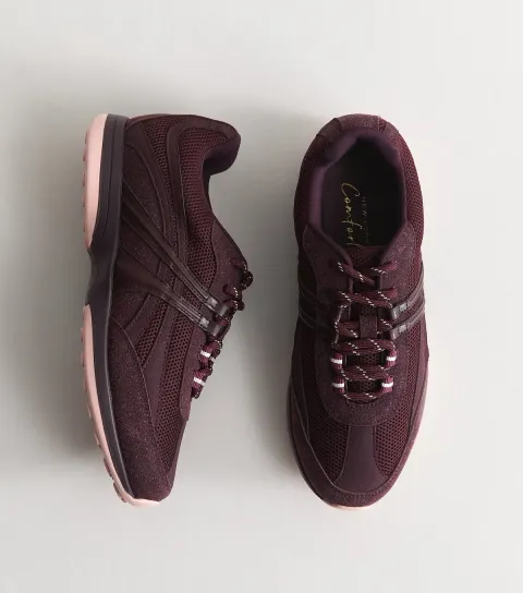 Women's Dark Burgundy Mesh Panelled Lace Up Trainers Vegan