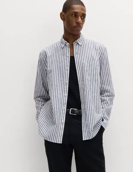 Marks & Spencer Linen Cotton Blend Striped Shirt Blue Mix