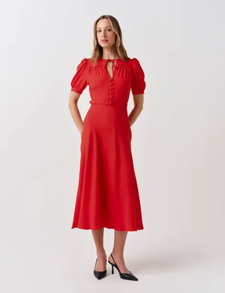 Ghost Crepe Tie Neck Midi Waisted Dress Red