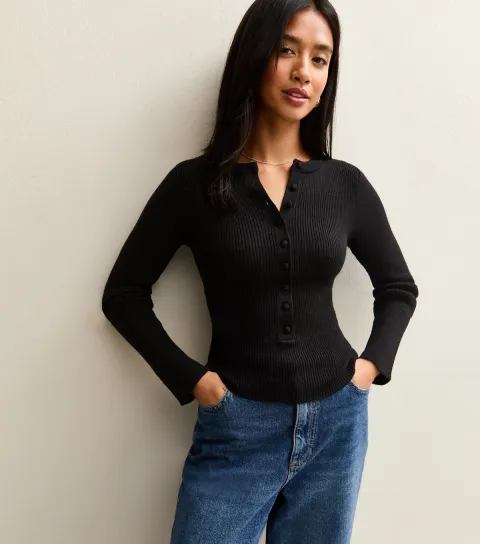 New Look Women's Petite Black Long Sleeve Henley Top
