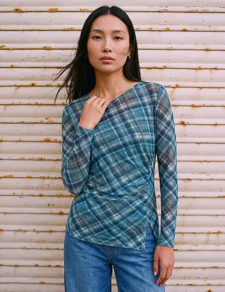 Roman Checked Regular Fit Gathered Top Blue Mix