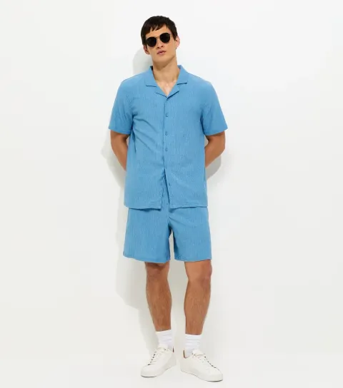 New Look Men's Light Blue Regular Textured Drawstring Shorts