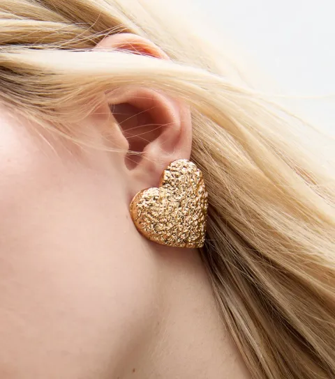 Gold Tone Textured Heart Earrings
