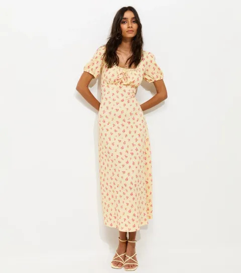 Women's Yellow Crinkle Texture Floral Print Milkmaid Midi Dress