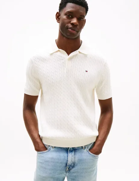 Tommy Hilfiger Pure Cotton Cable Knit Polo Shirt Ivory