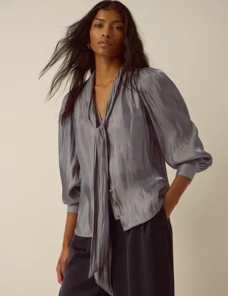 Monsoon Metallic Tie Neck Blouse Silver