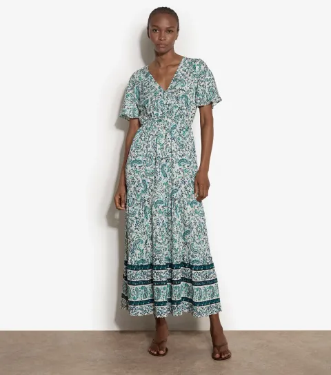Women's Blue Floral Paisley Border Midi Dress