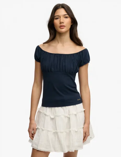 Superdry & Co Pure Cotton Ruched Cap Sleeve Top Navy