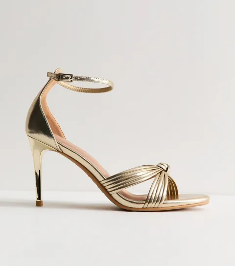 Women's Gold Faux Leather Knotted Strap Stiletto Sandals