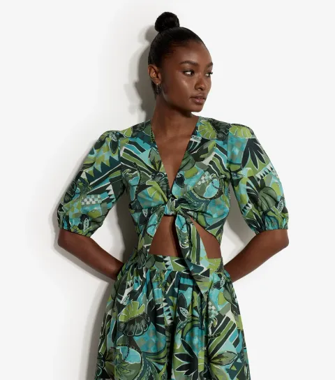 Women's Green Cotton Tropical Print Tie Front Top