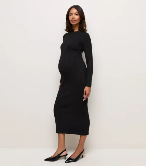 New Look Women's Maternity Black Lightweight Ribbed Knit Midi Dress