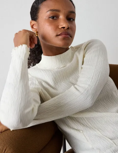 Whistles Cotton Blend Textured Roll Neck Top Ivory