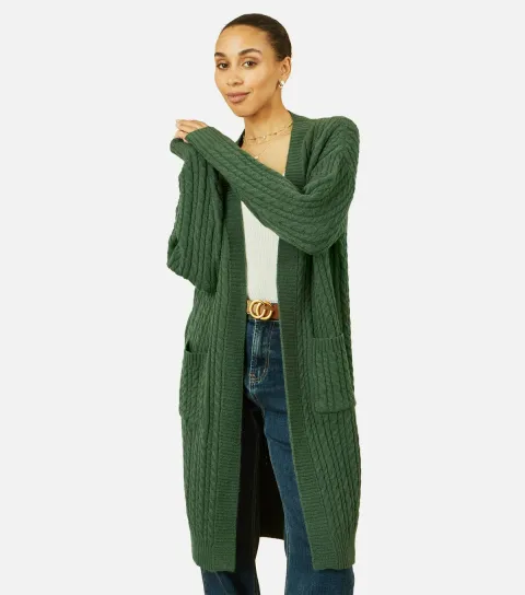 Women's Green Cable Knit Longline Cardigan