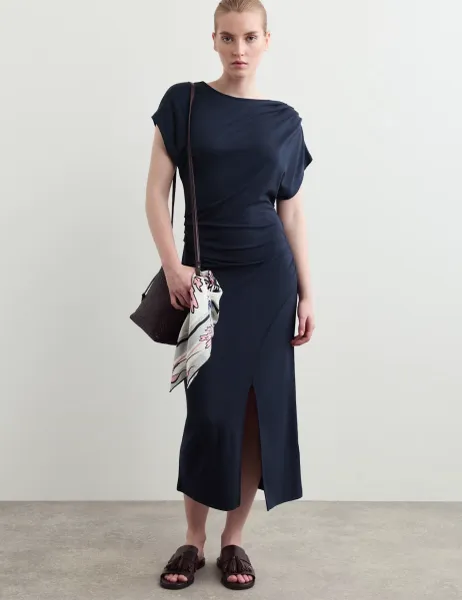 Jaeger Jersey Ruched Midi Column Dress Navy