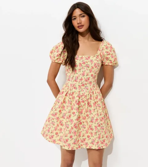 Women's Yellow Floral Puff Sleeve Mini Dress